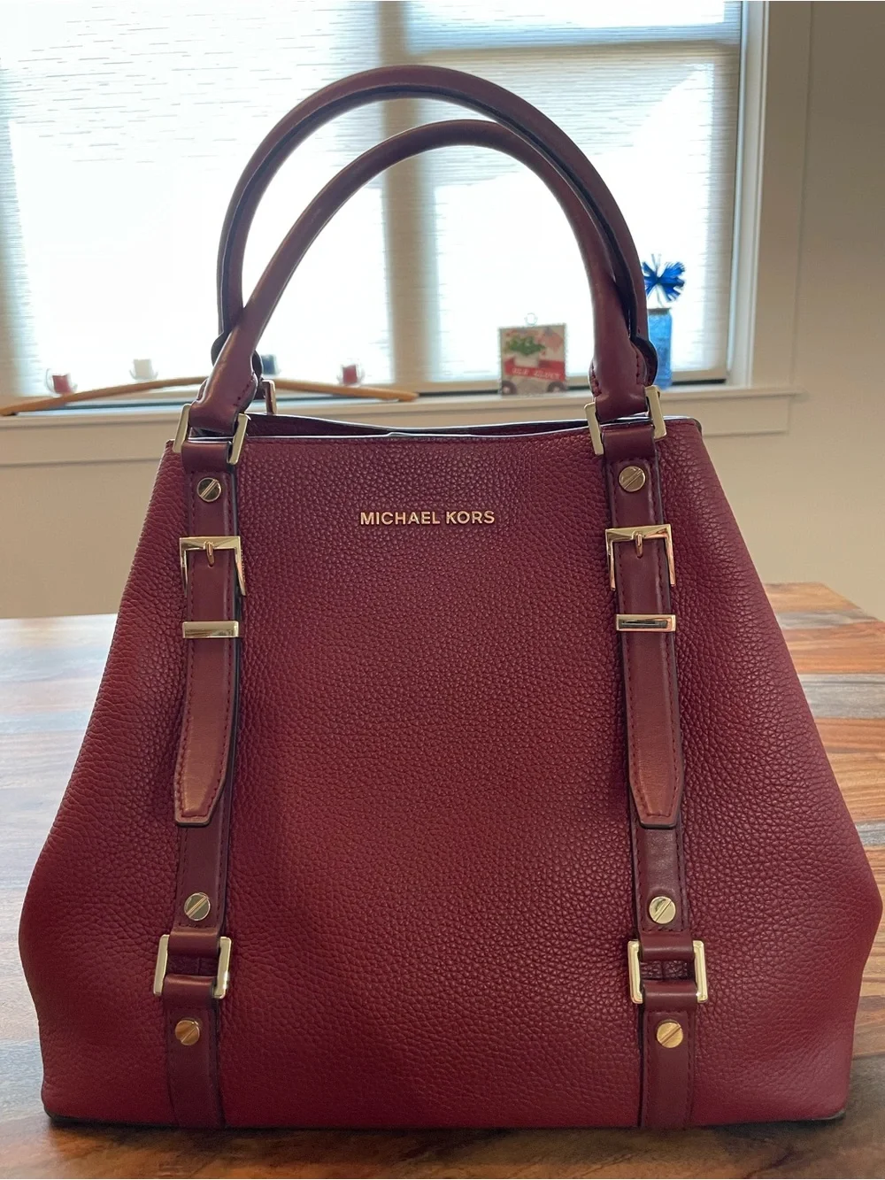 Michael Kors Burgundy Pebbled Leather Satchel with Gold Hardware